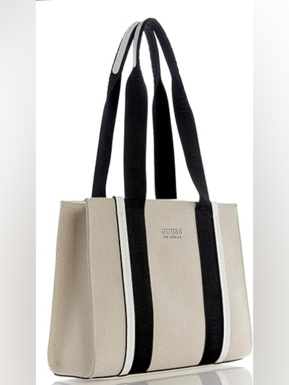 GUESS Beige Canvas Tote with Black Straps and White Trim